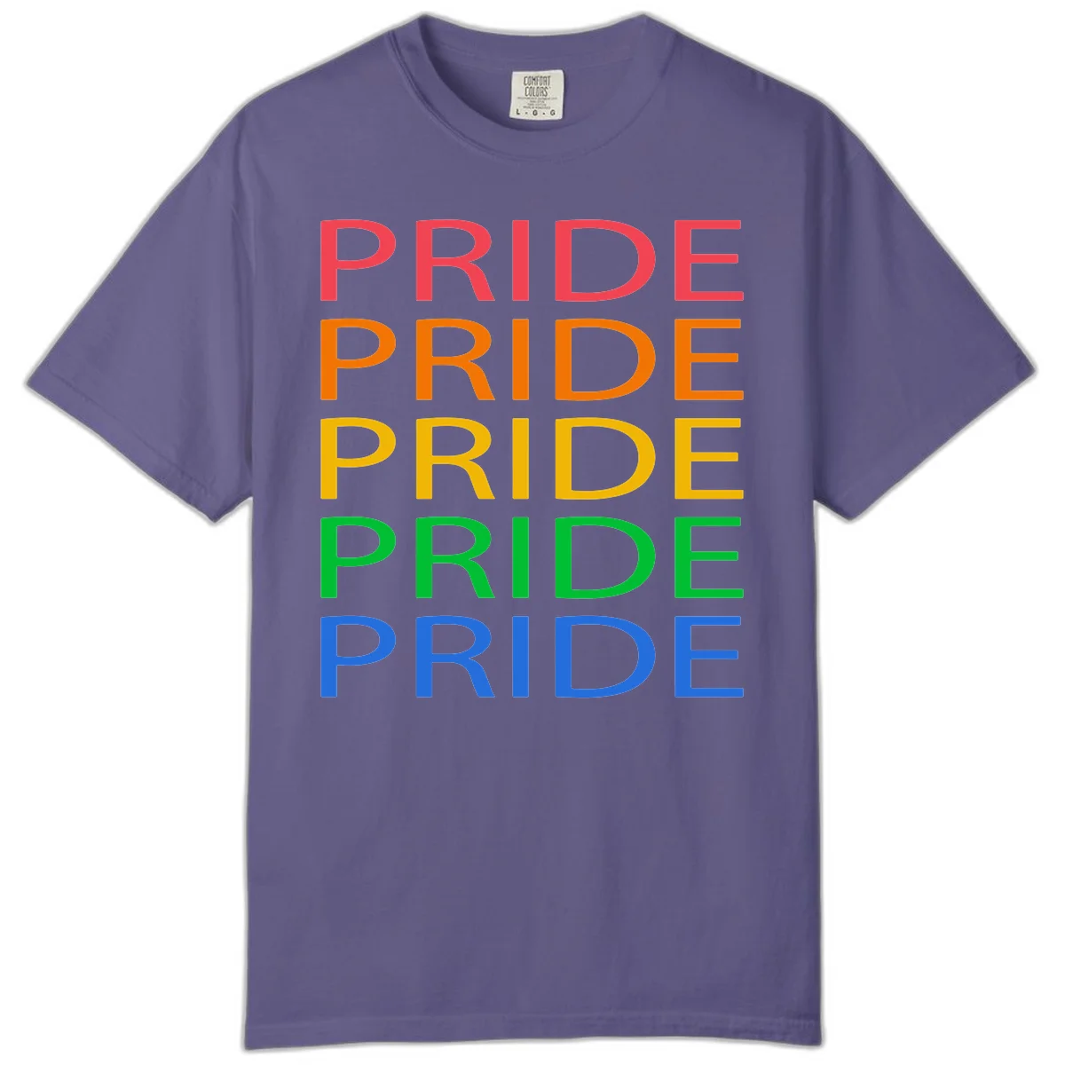 Rainbow pride repeating text design with the word PRIDE stacked five times in red, orange, yellow, green, and blue colors on gray background in Grape