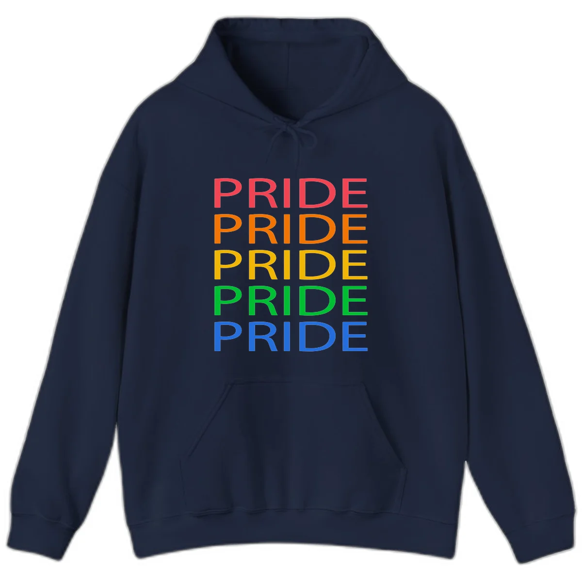 Rainbow pride repeating text design with the word PRIDE stacked five times in red, orange, yellow, green, and blue colors on gray background in Navy