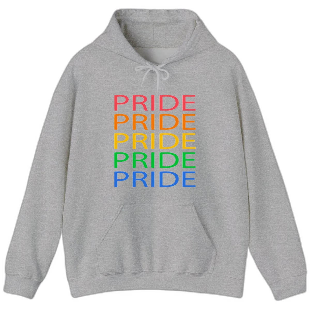 Rainbow pride repeating text design with the word PRIDE stacked five times in red, orange, yellow, green, and blue colors on gray background in Sport Grey
