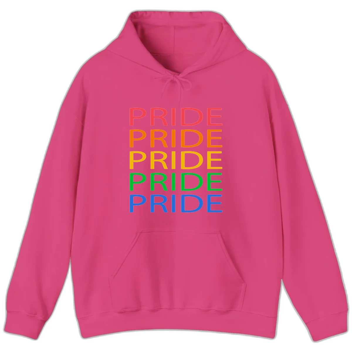 Rainbow pride repeating text design with the word PRIDE stacked five times in red, orange, yellow, green, and blue colors on gray background in Heliconia