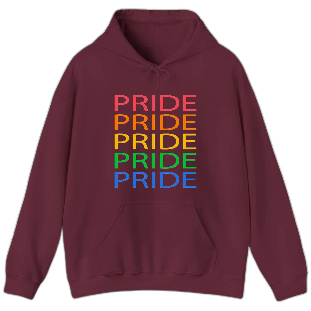 Rainbow pride repeating text design with the word PRIDE stacked five times in red, orange, yellow, green, and blue colors on gray background in Maroon