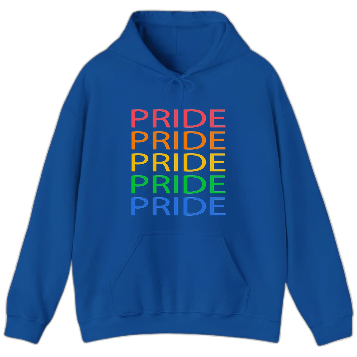 Rainbow pride repeating text design with the word PRIDE stacked five times in red, orange, yellow, green, and blue colors on gray background in Royal