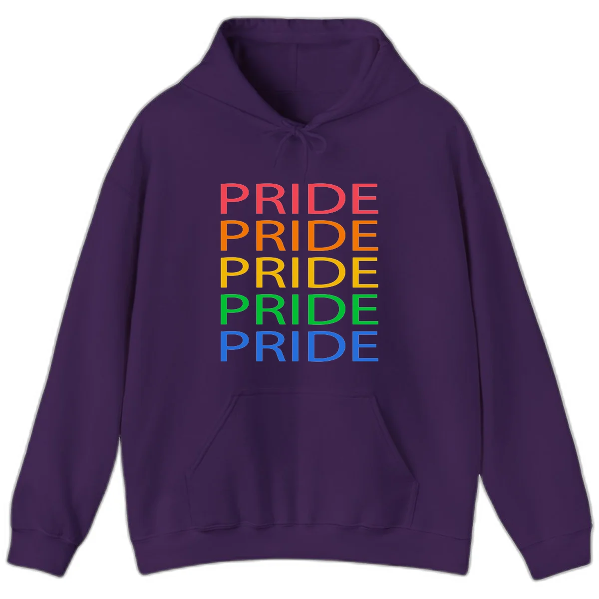 Rainbow pride repeating text design with the word PRIDE stacked five times in red, orange, yellow, green, and blue colors on gray background in Purple