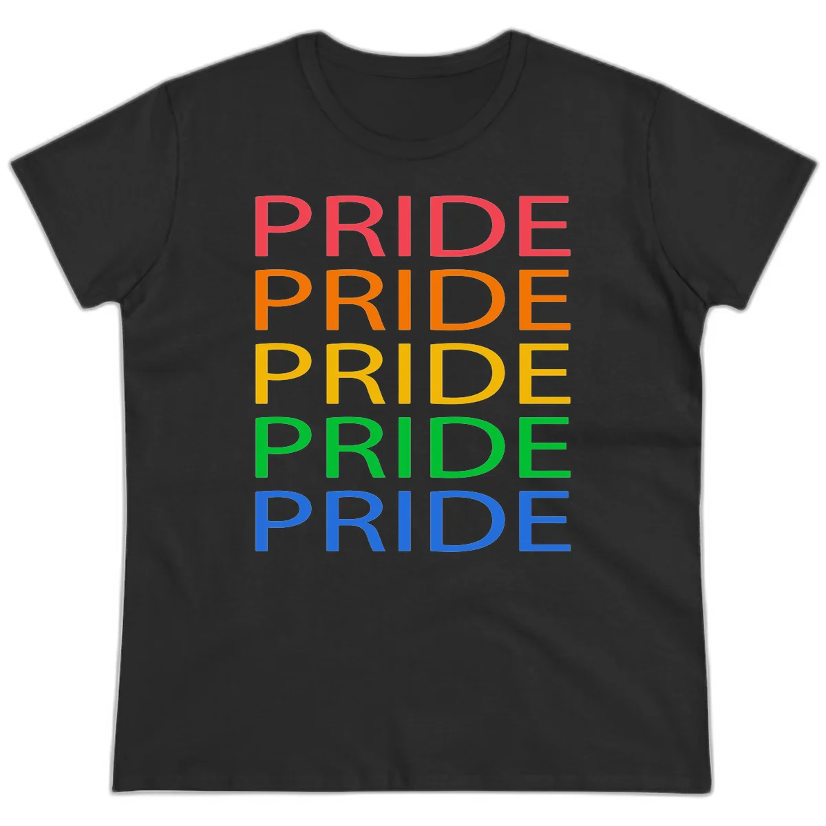 Rainbow pride repeating text design with the word PRIDE stacked five times in red, orange, yellow, green, and blue colors on gray background in Black