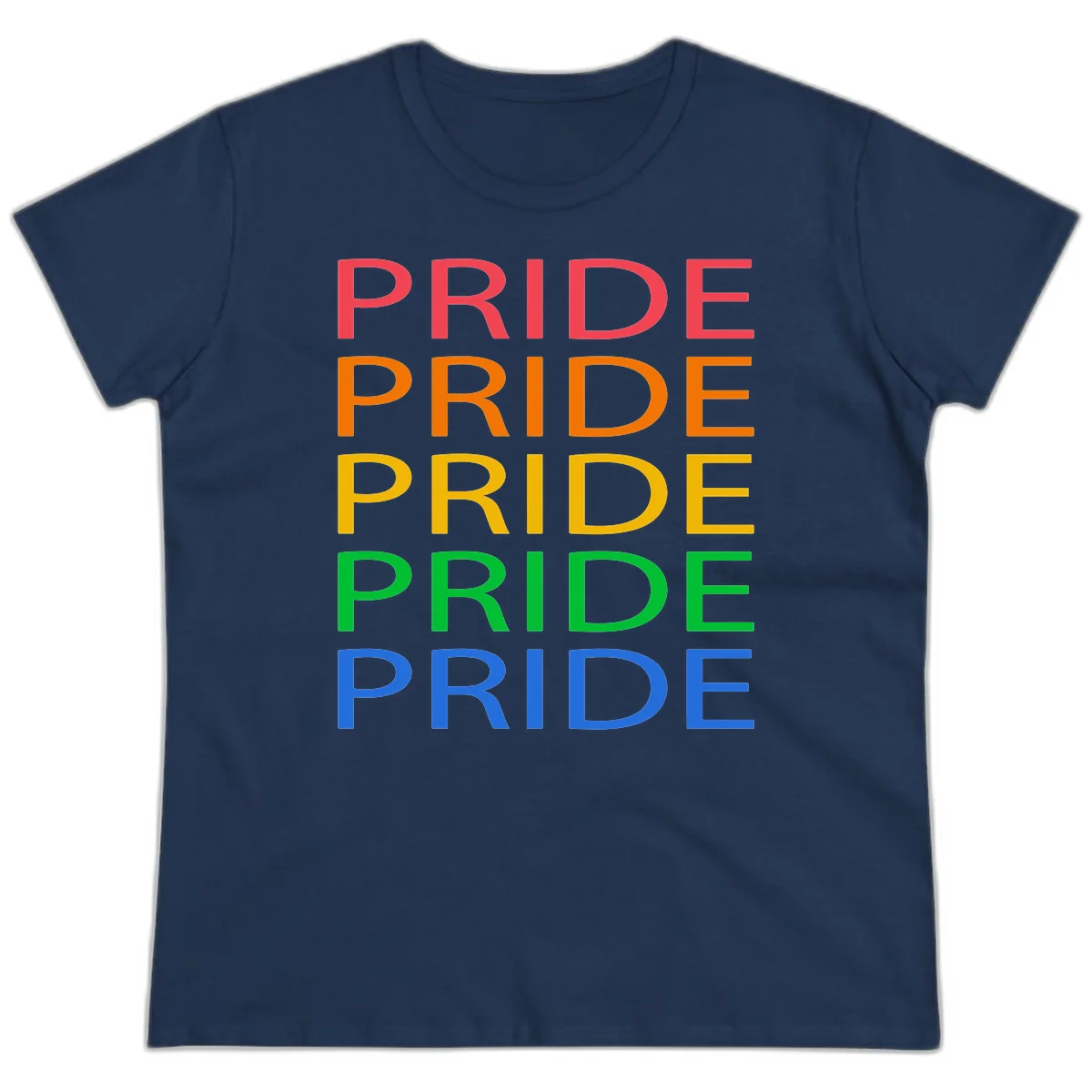 Rainbow pride repeating text design with the word PRIDE stacked five times in red, orange, yellow, green, and blue colors on gray background in Navy