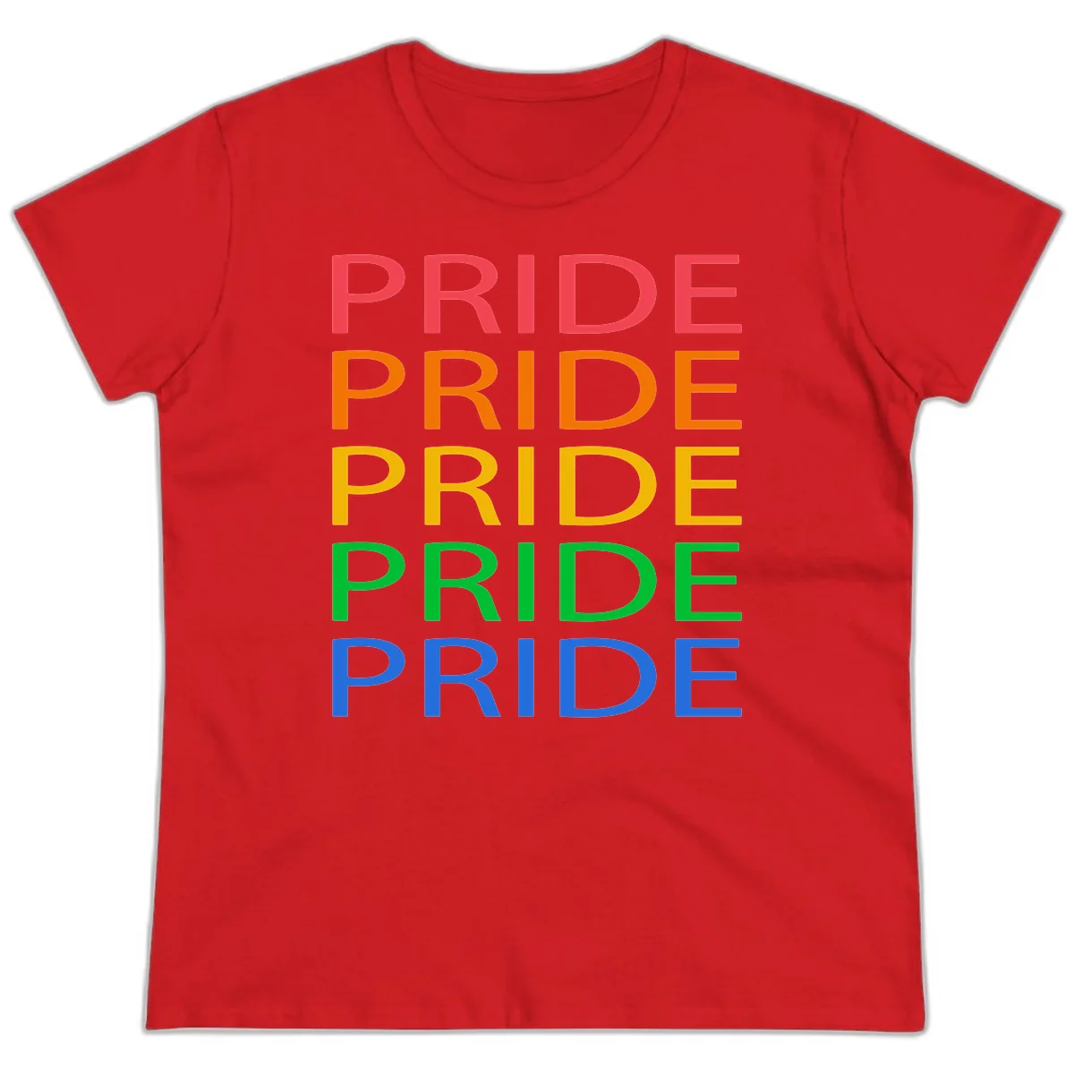 Rainbow pride repeating text design with the word PRIDE stacked five times in red, orange, yellow, green, and blue colors on gray background in Red