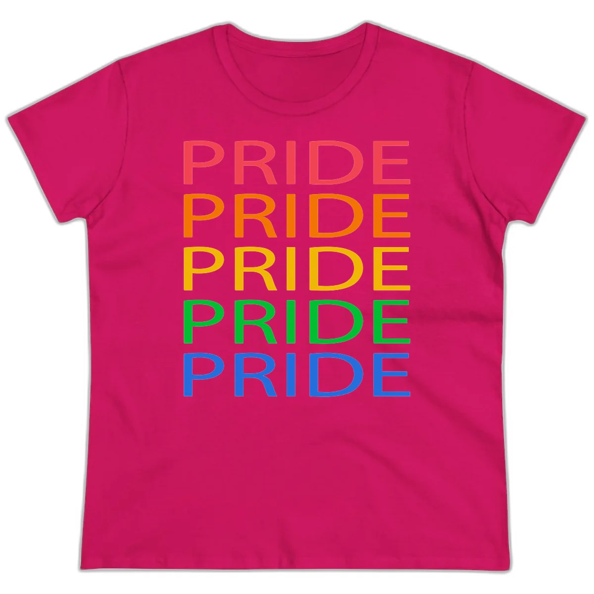 Rainbow pride repeating text design with the word PRIDE stacked five times in red, orange, yellow, green, and blue colors on gray background in Heliconia