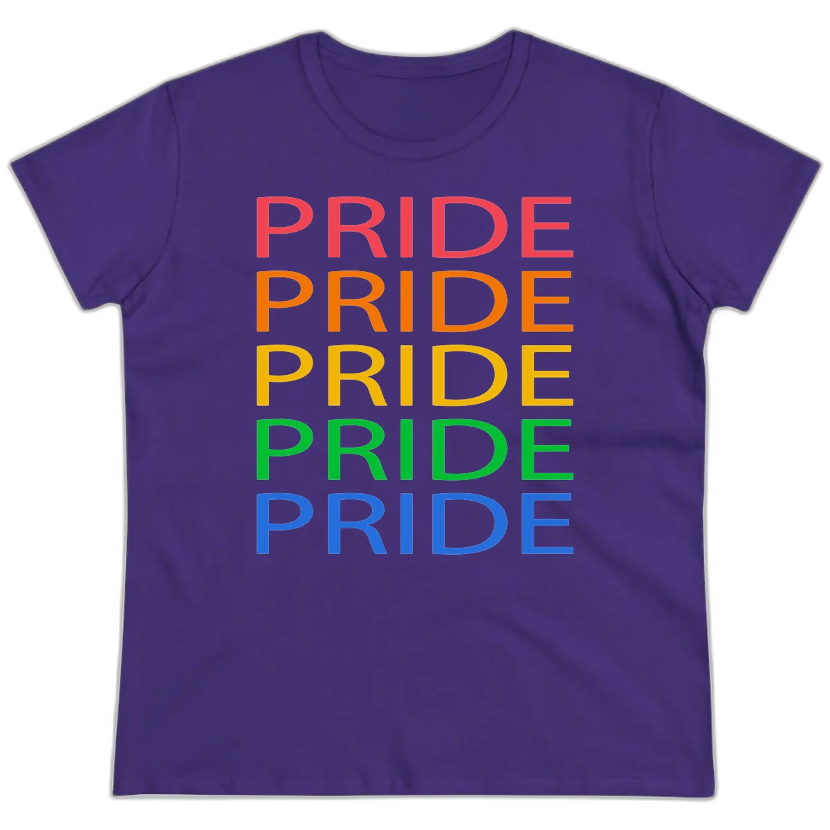 Rainbow pride repeating text design with the word PRIDE stacked five times in red, orange, yellow, green, and blue colors on gray background in Purple