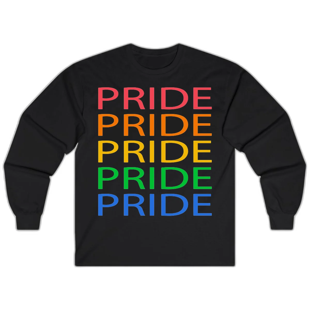 Rainbow pride repeating text design with the word PRIDE stacked five times in red, orange, yellow, green, and blue colors on gray background in Black