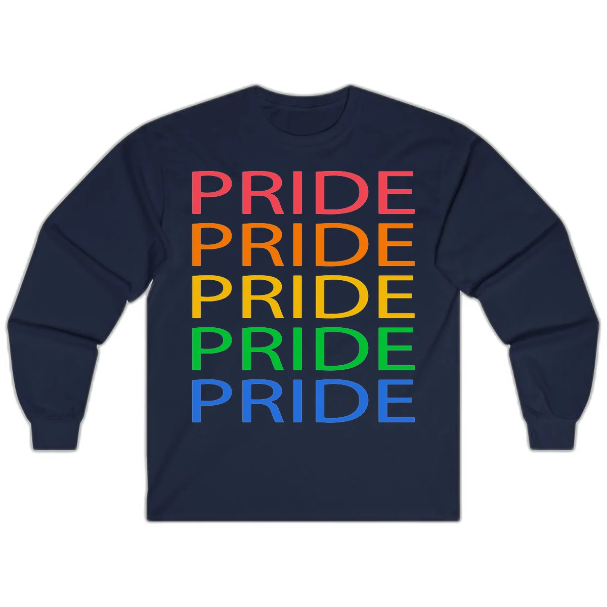 Rainbow pride repeating text design with the word PRIDE stacked five times in red, orange, yellow, green, and blue colors on gray background in Navy