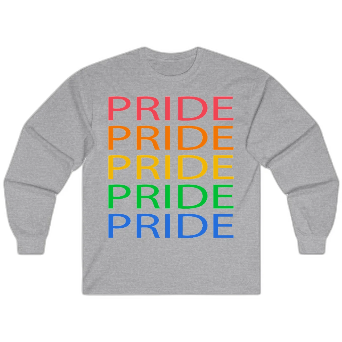 Rainbow pride repeating text design with the word PRIDE stacked five times in red, orange, yellow, green, and blue colors on gray background in Sport Grey