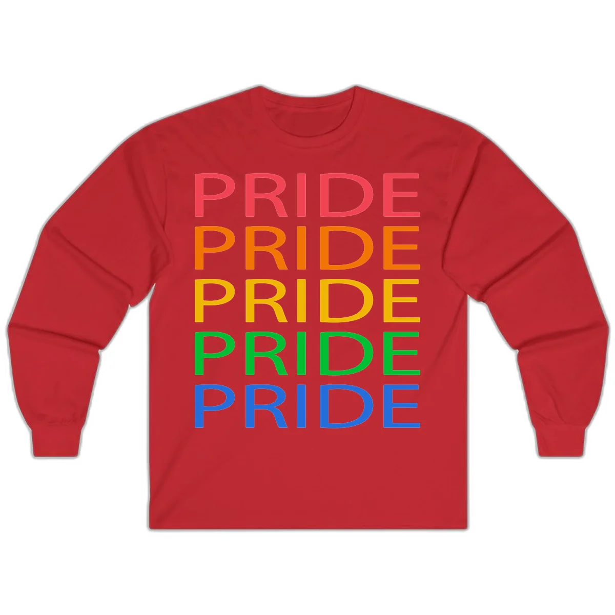 Rainbow pride repeating text design with the word PRIDE stacked five times in red, orange, yellow, green, and blue colors on gray background in Red
