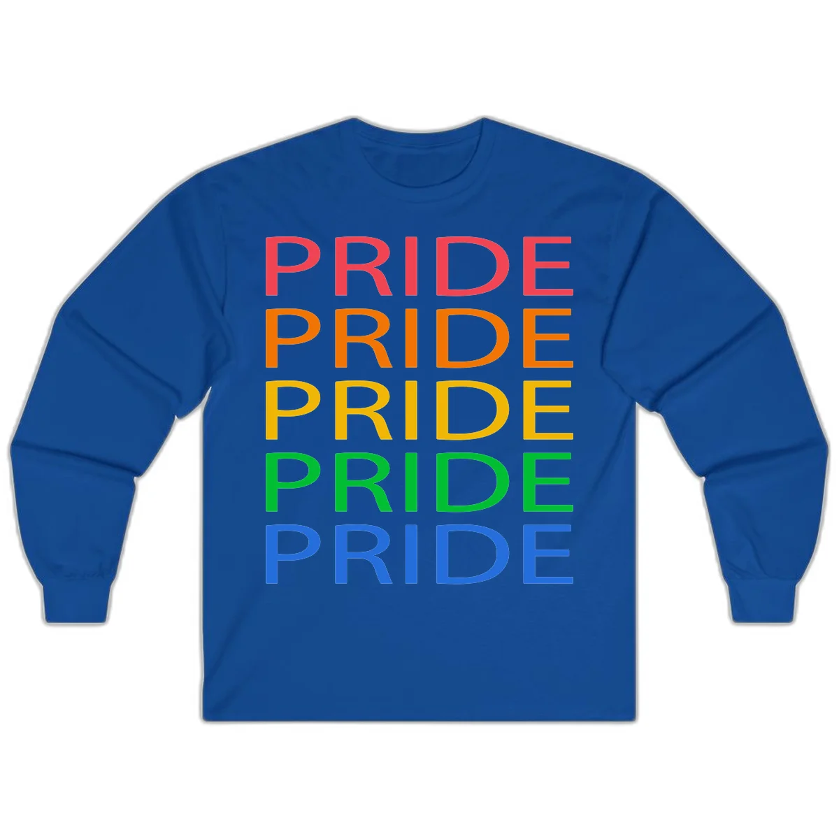 Rainbow pride repeating text design with the word PRIDE stacked five times in red, orange, yellow, green, and blue colors on gray background in Royal