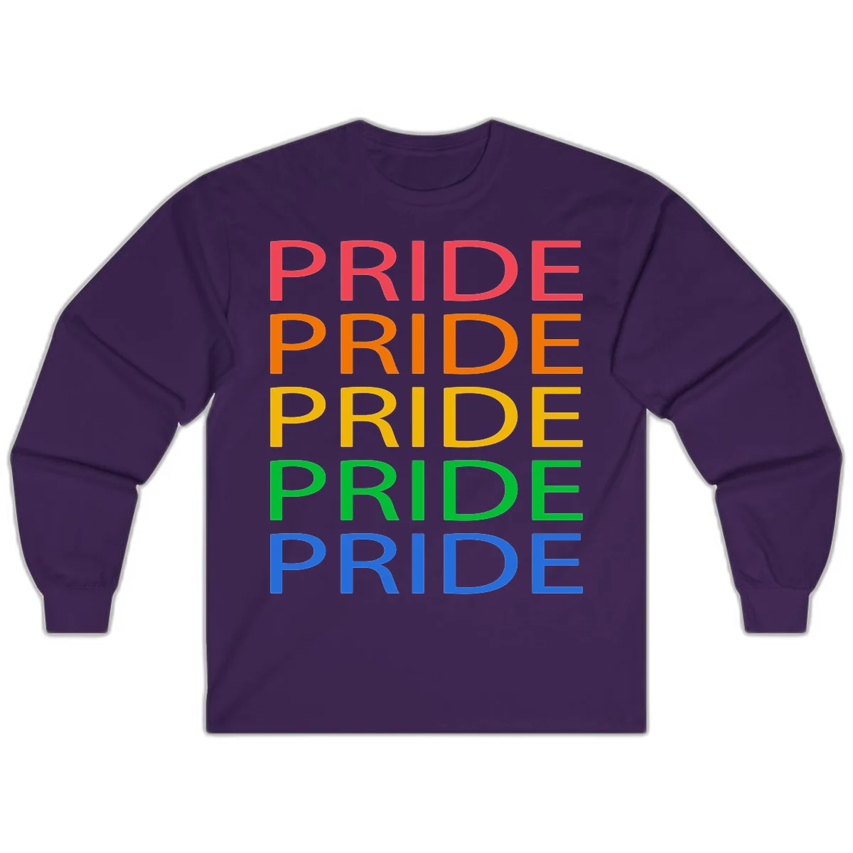 Rainbow pride repeating text design with the word PRIDE stacked five times in red, orange, yellow, green, and blue colors on gray background in Purple