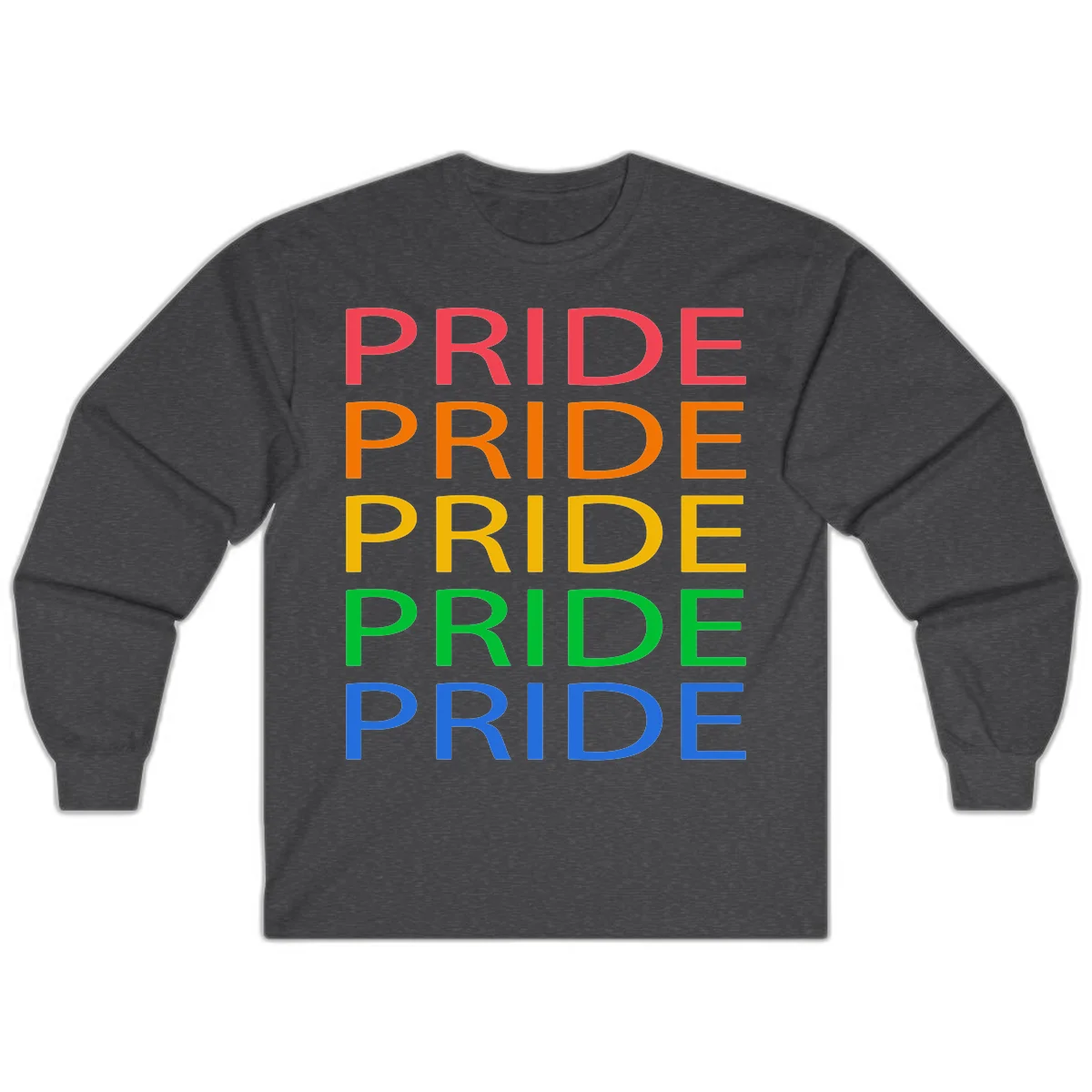 Rainbow pride repeating text design with the word PRIDE stacked five times in red, orange, yellow, green, and blue colors on gray background in Dark Heather