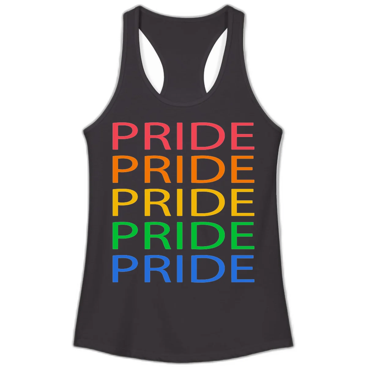 Rainbow pride repeating text design with the word PRIDE stacked five times in red, orange, yellow, green, and blue colors on gray background in Black