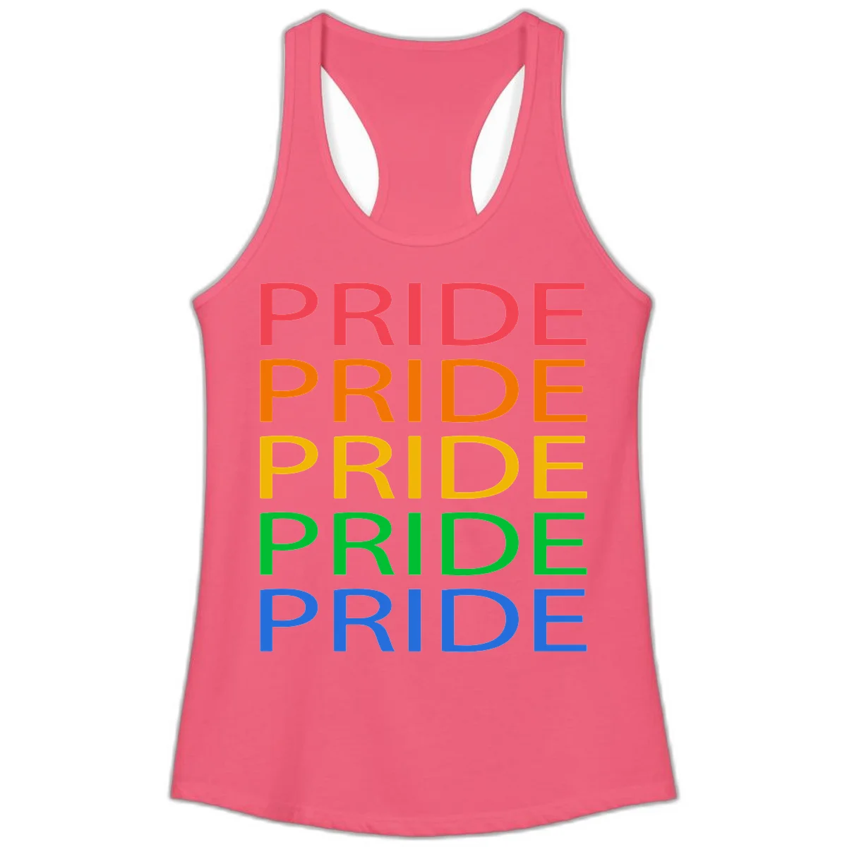 Rainbow pride repeating text design with the word PRIDE stacked five times in red, orange, yellow, green, and blue colors on gray background in Hot Pink