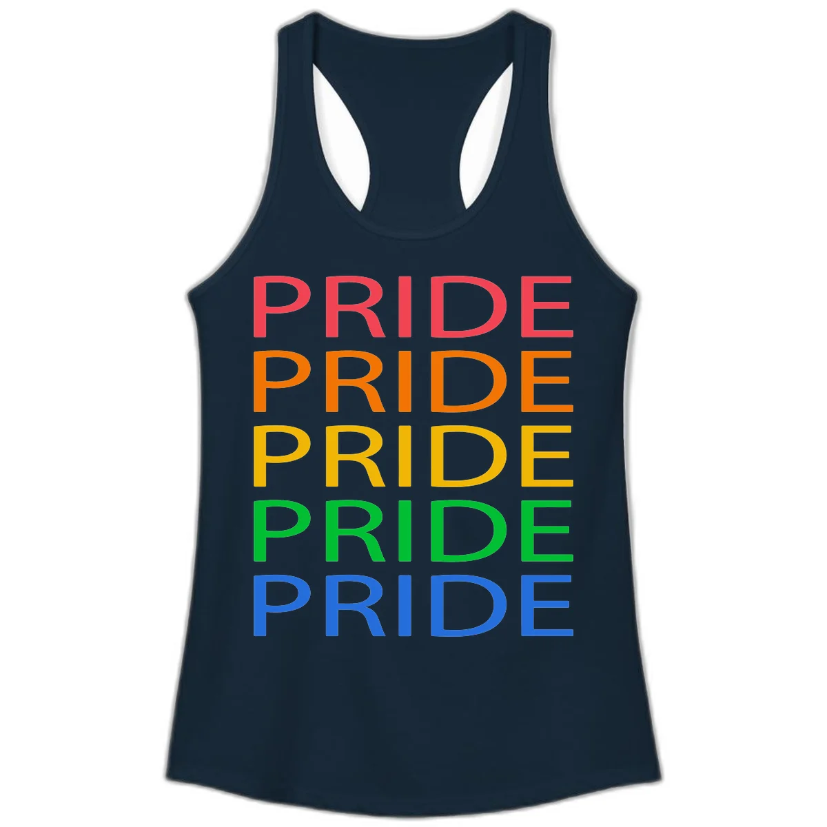 Rainbow pride repeating text design with the word PRIDE stacked five times in red, orange, yellow, green, and blue colors on gray background in Solid Midnight Navy
