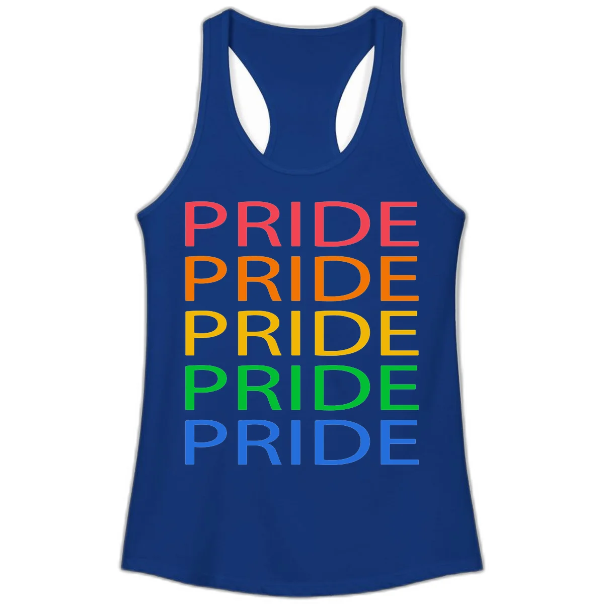 Rainbow pride repeating text design with the word PRIDE stacked five times in red, orange, yellow, green, and blue colors on gray background in Solid Royal