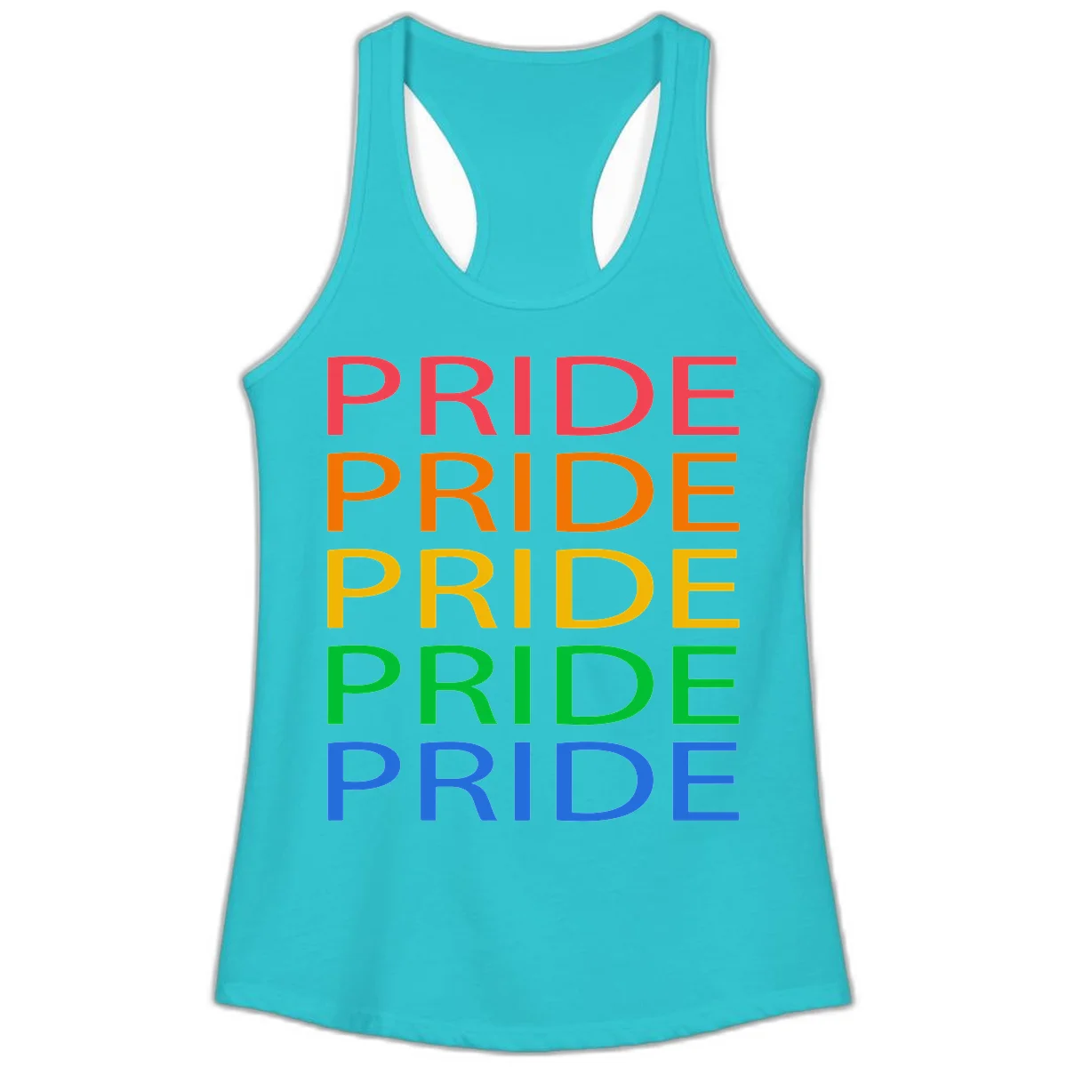 Rainbow pride repeating text design with the word PRIDE stacked five times in red, orange, yellow, green, and blue colors on gray background in Solid Tahiti Blue