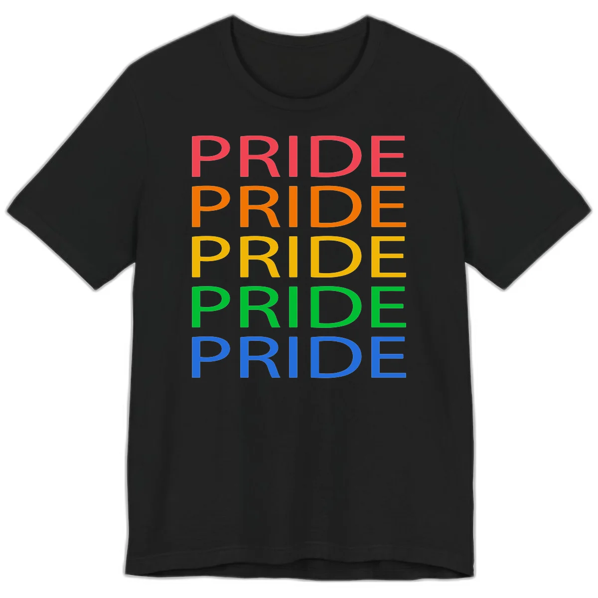 Rainbow pride repeating text design with the word PRIDE stacked five times in red, orange, yellow, green, and blue colors on gray background in Black