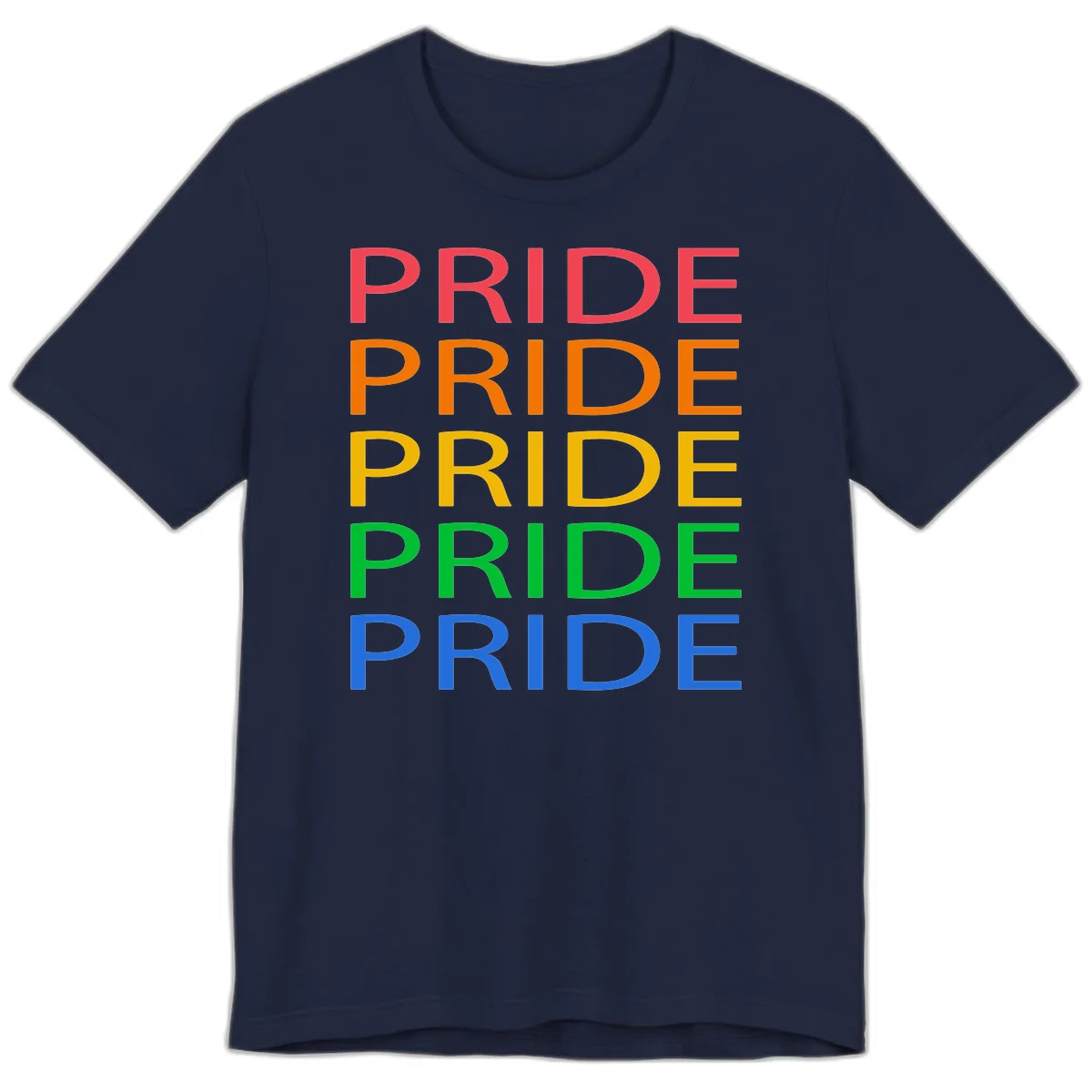 Rainbow pride repeating text design with the word PRIDE stacked five times in red, orange, yellow, green, and blue colors on gray background in Navy