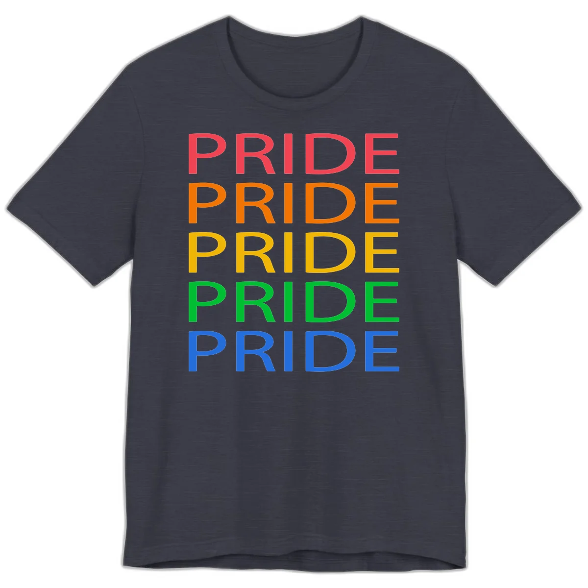 Rainbow pride repeating text design with the word PRIDE stacked five times in red, orange, yellow, green, and blue colors on gray background in Heather Midnight Navy