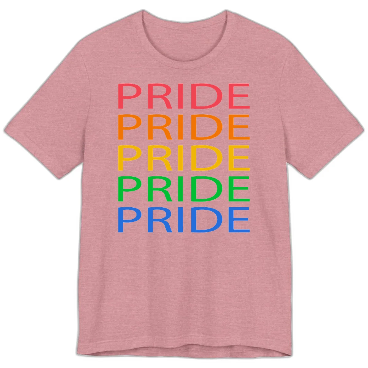Rainbow pride repeating text design with the word PRIDE stacked five times in red, orange, yellow, green, and blue colors on gray background in Heather Orchid
