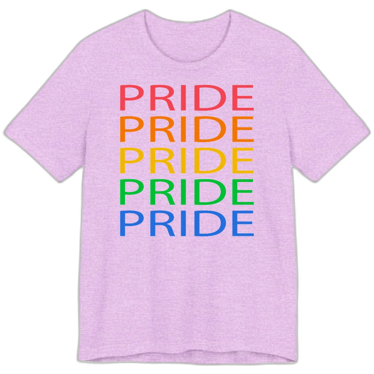 Rainbow pride repeating text design with the word PRIDE stacked five times in red, orange, yellow, green, and blue colors on gray background in Heather Prism Lilac