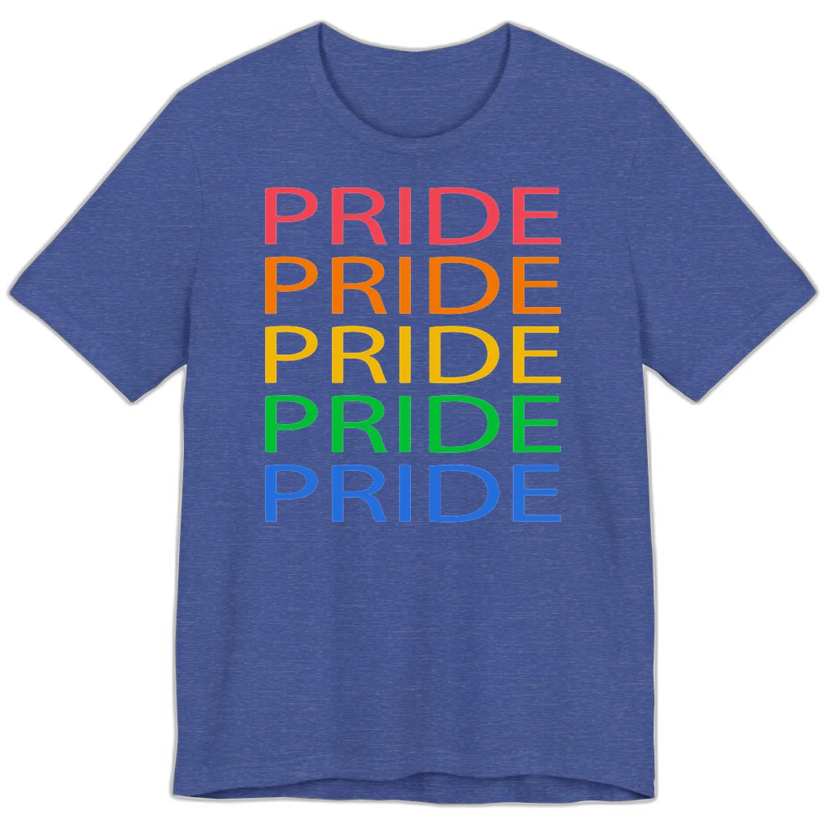 Rainbow pride repeating text design with the word PRIDE stacked five times in red, orange, yellow, green, and blue colors on gray background in Heather True Royal