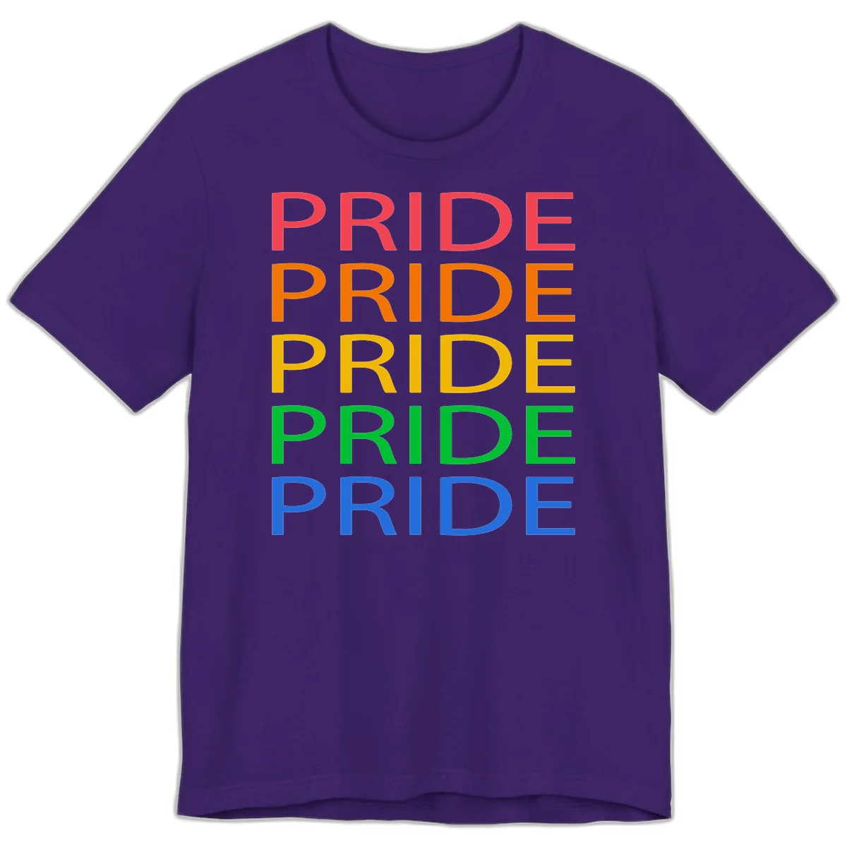 Rainbow pride repeating text design with the word PRIDE stacked five times in red, orange, yellow, green, and blue colors on gray background in Team Purple