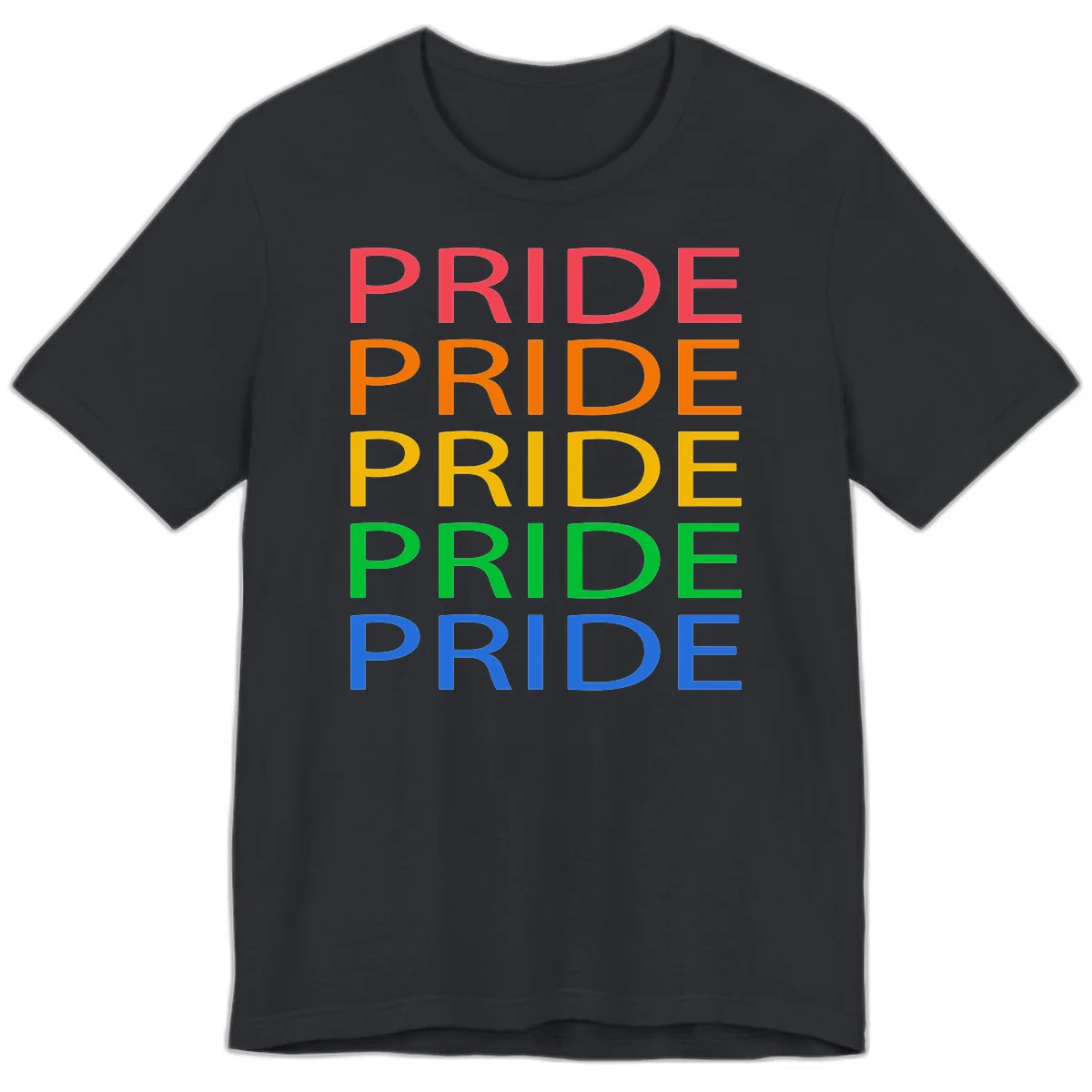Rainbow pride repeating text design with the word PRIDE stacked five times in red, orange, yellow, green, and blue colors on gray background in Vintage Black
