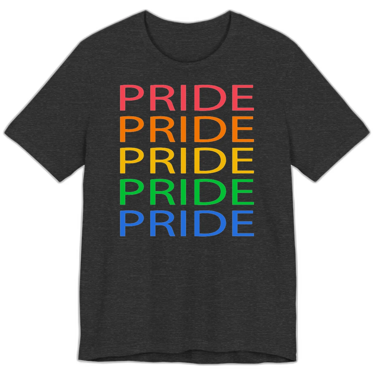 Rainbow pride repeating text design with the word PRIDE stacked five times in red, orange, yellow, green, and blue colors on gray background in Dark Grey Heather