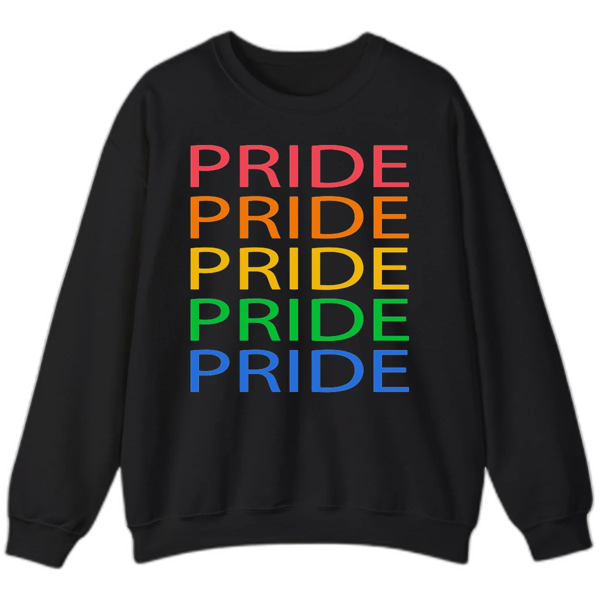 Rainbow pride repeating text design with the word PRIDE stacked five times in red, orange, yellow, green, and blue colors on gray background in Black