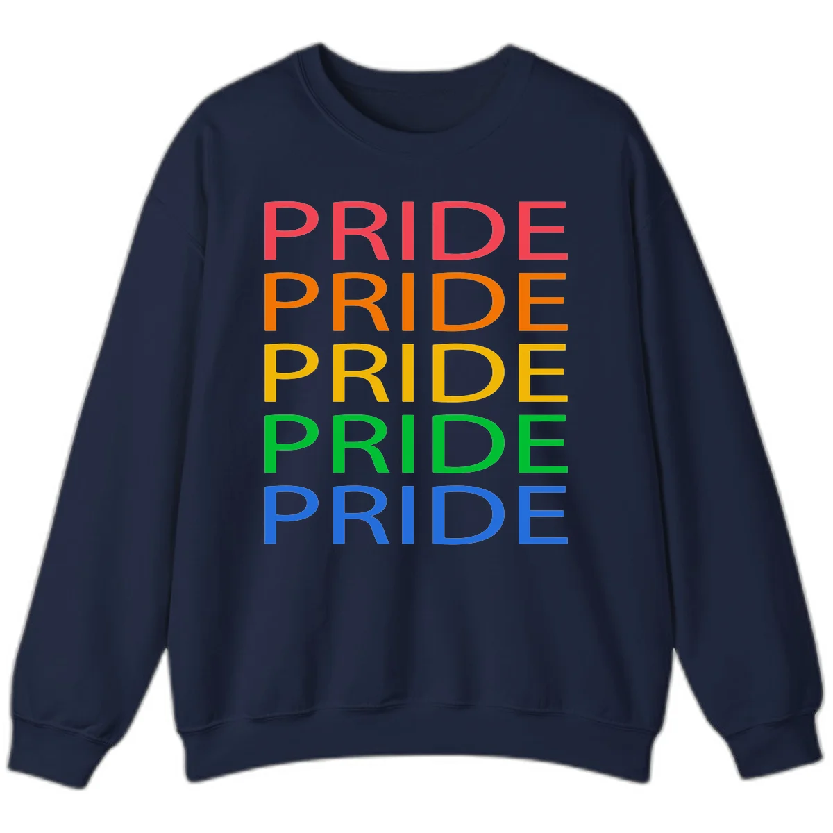 Rainbow pride repeating text design with the word PRIDE stacked five times in red, orange, yellow, green, and blue colors on gray background in Navy
