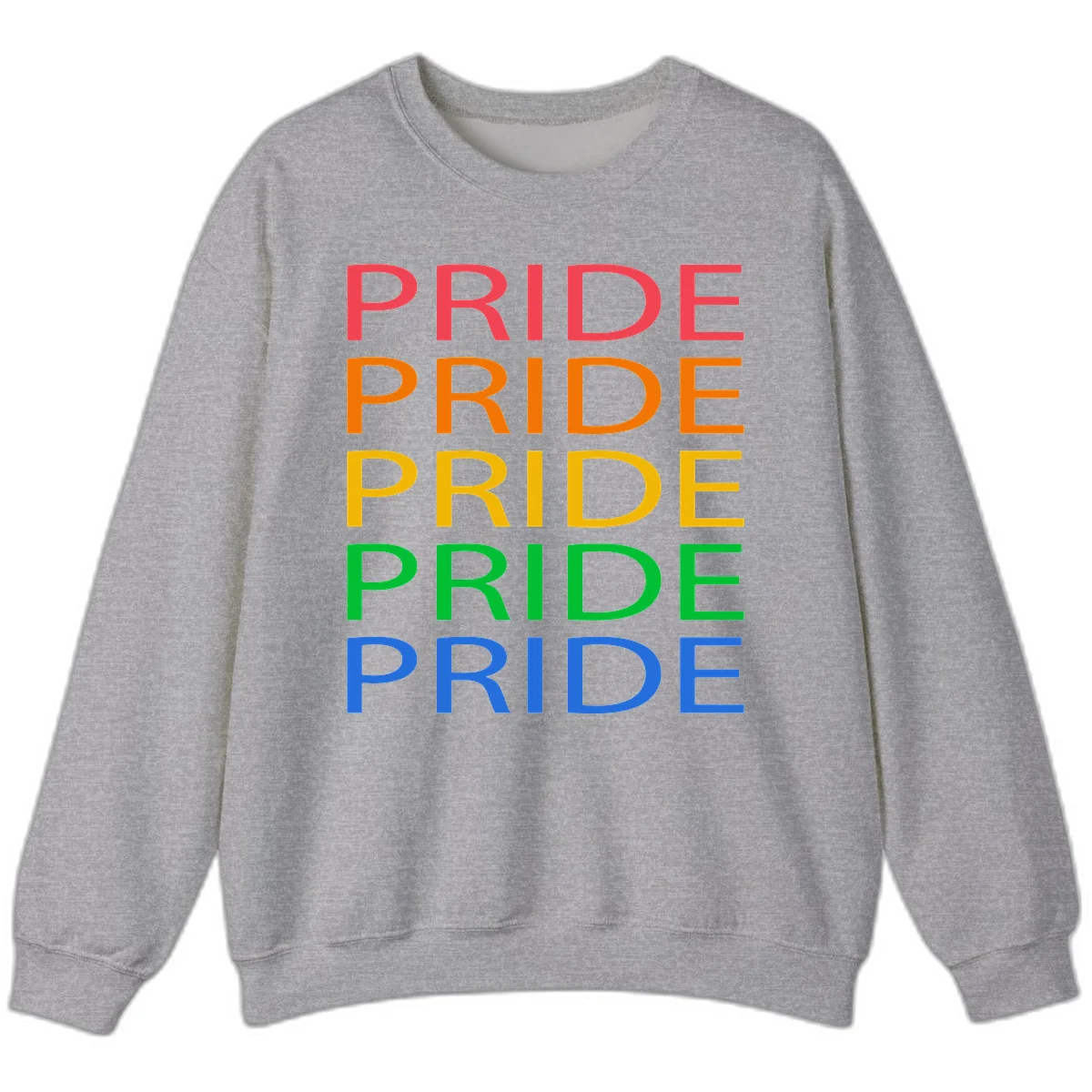 Rainbow pride repeating text design with the word PRIDE stacked five times in red, orange, yellow, green, and blue colors on gray background in Sport Grey