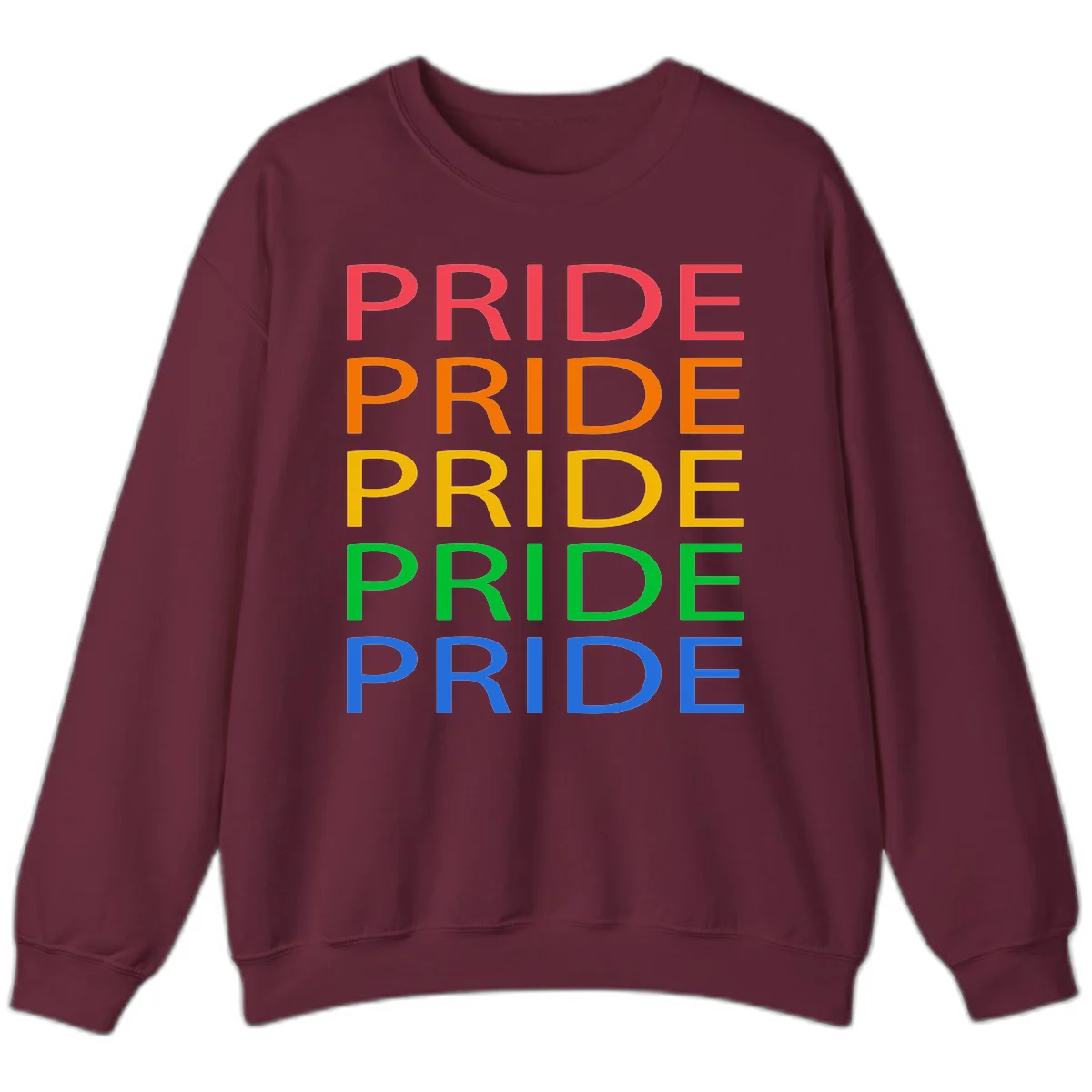 Rainbow pride repeating text design with the word PRIDE stacked five times in red, orange, yellow, green, and blue colors on gray background in Maroon