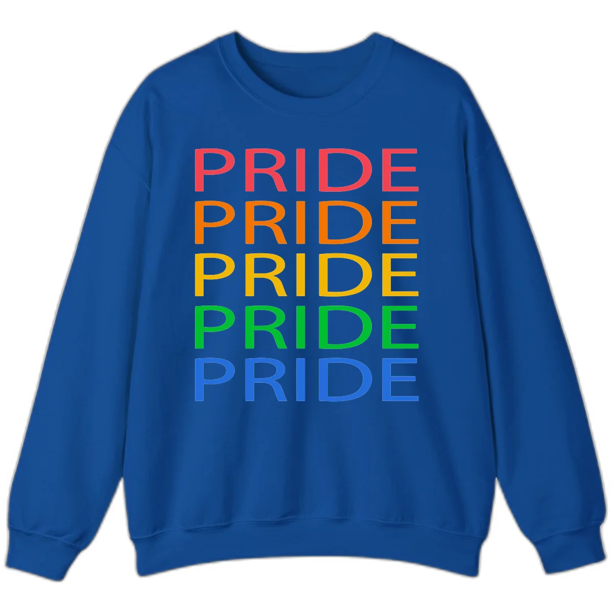 Rainbow pride repeating text design with the word PRIDE stacked five times in red, orange, yellow, green, and blue colors on gray background in Royal