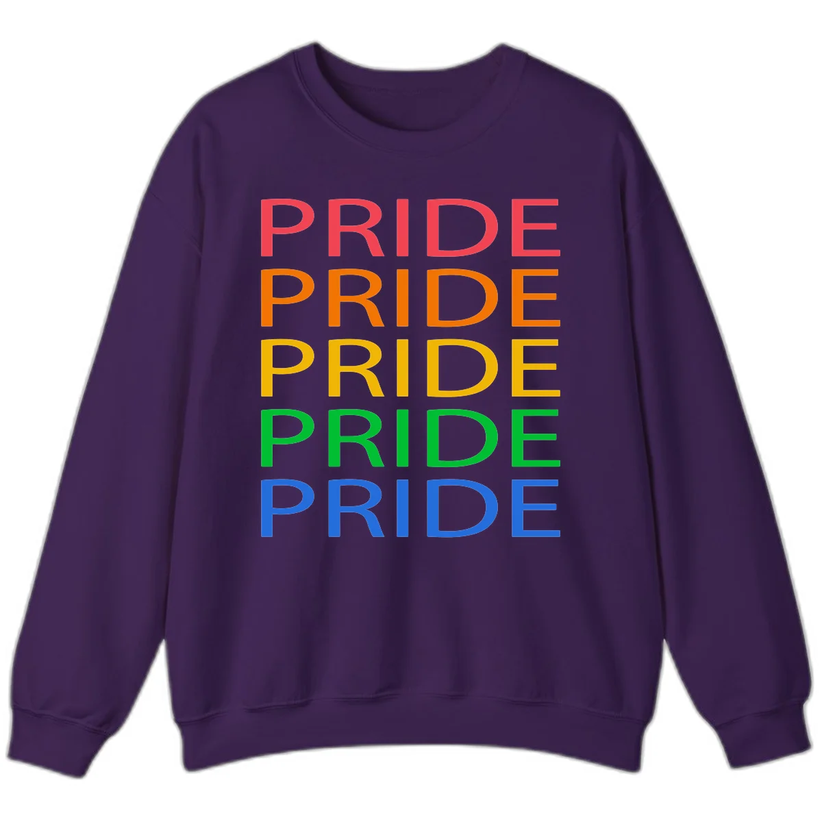 Rainbow pride repeating text design with the word PRIDE stacked five times in red, orange, yellow, green, and blue colors on gray background in Purple
