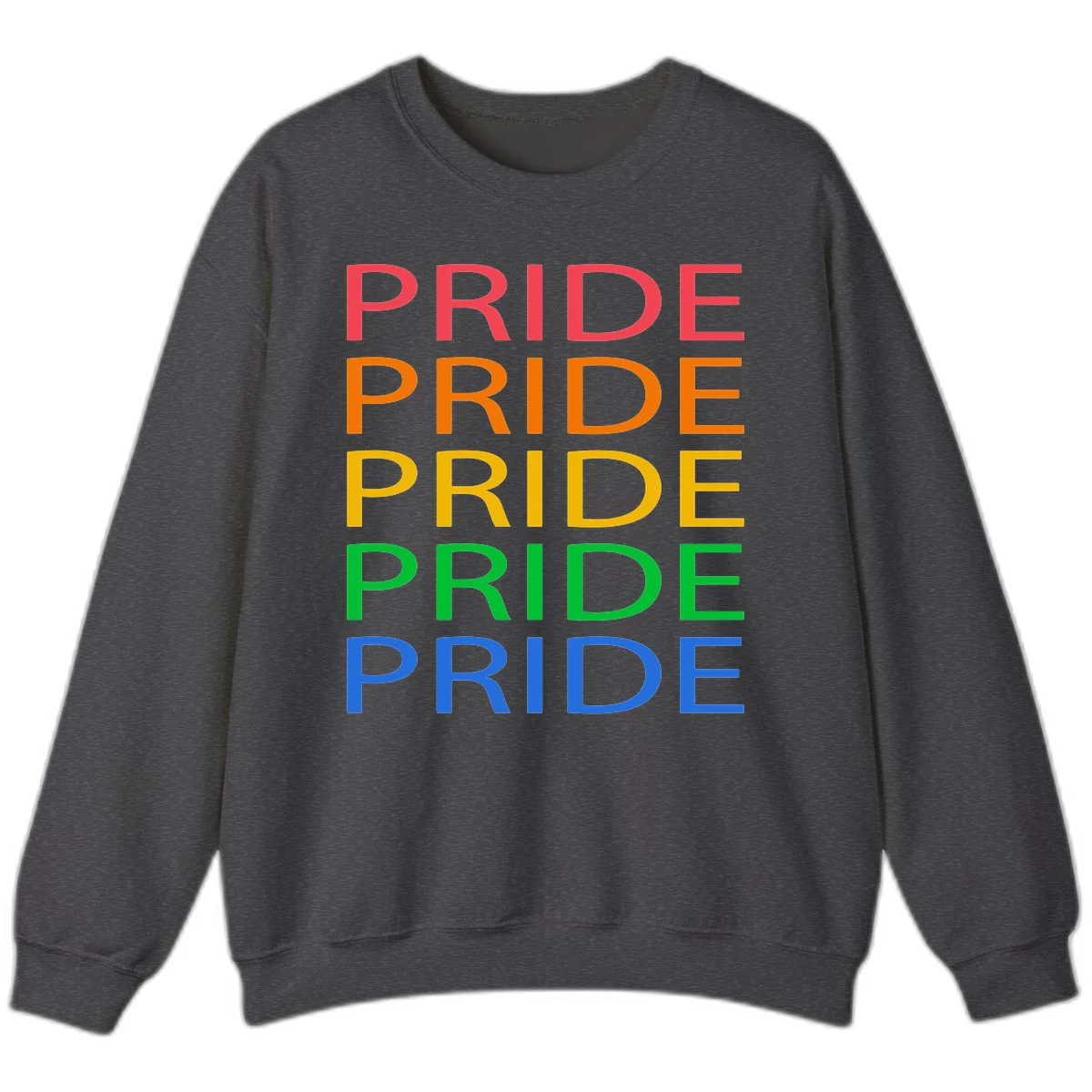 Rainbow pride repeating text design with the word PRIDE stacked five times in red, orange, yellow, green, and blue colors on gray background in Dark Heather