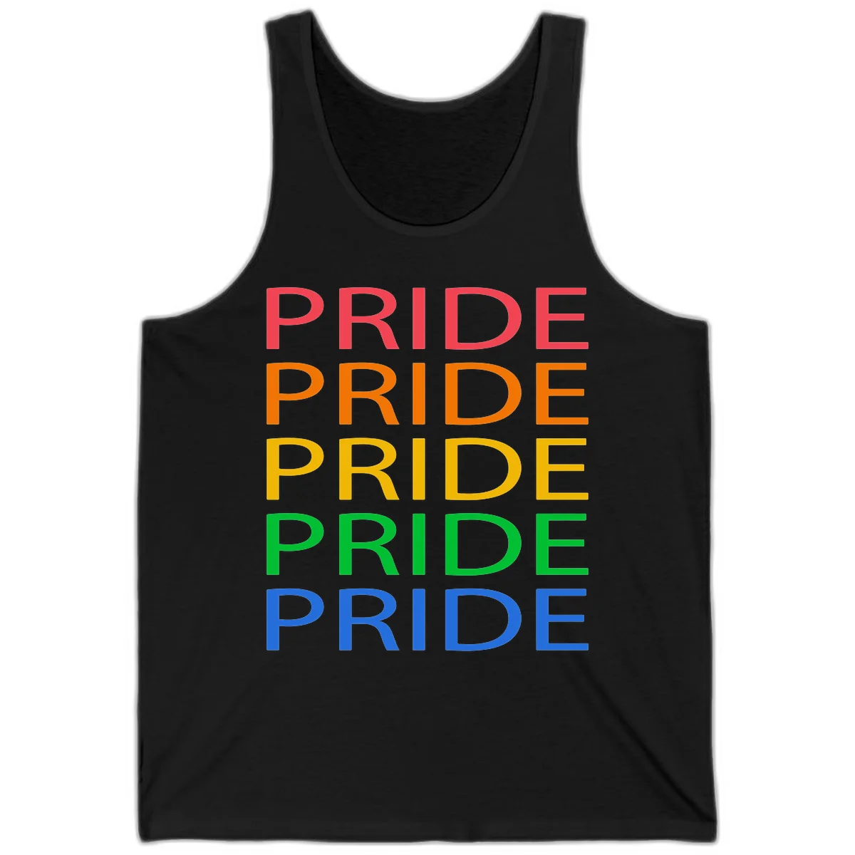 Rainbow pride repeating text design with the word PRIDE stacked five times in red, orange, yellow, green, and blue colors on gray background in Black