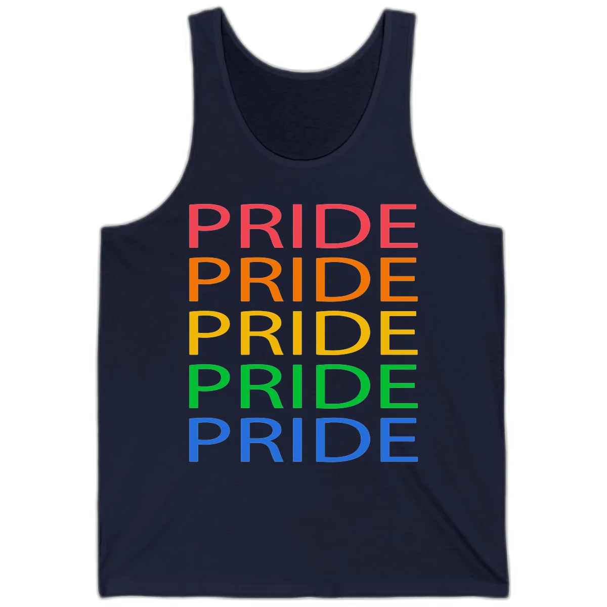 Rainbow pride repeating text design with the word PRIDE stacked five times in red, orange, yellow, green, and blue colors on gray background in Navy