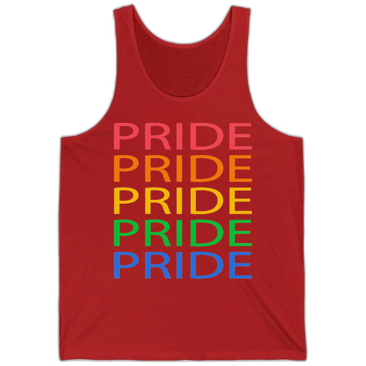 Rainbow pride repeating text design with the word PRIDE stacked five times in red, orange, yellow, green, and blue colors on gray background in Red