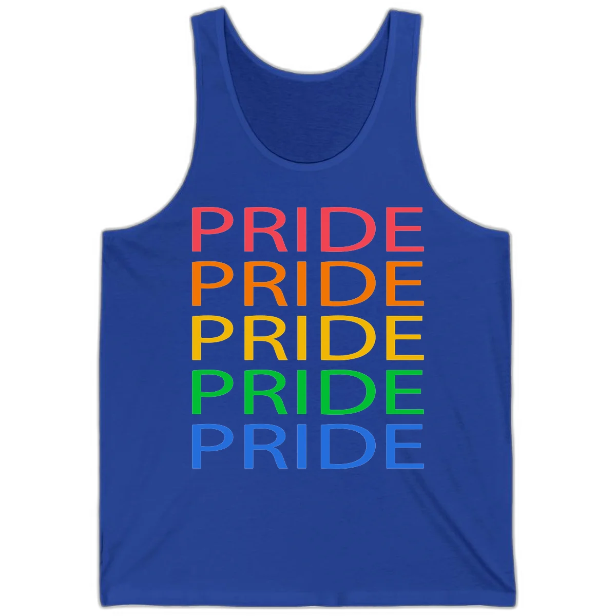 Rainbow pride repeating text design with the word PRIDE stacked five times in red, orange, yellow, green, and blue colors on gray background in True Royal