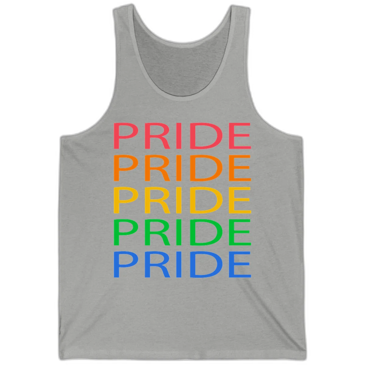 Rainbow pride repeating text design with the word PRIDE stacked five times in red, orange, yellow, green, and blue colors on gray background in Athletic Heather