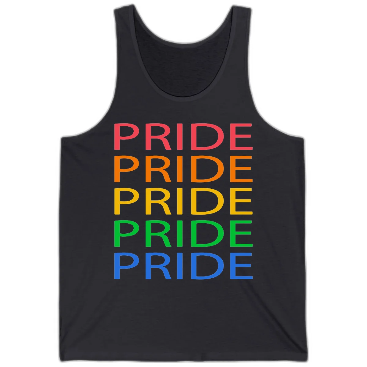 Rainbow pride repeating text design with the word PRIDE stacked five times in red, orange, yellow, green, and blue colors on gray background in Dark Grey