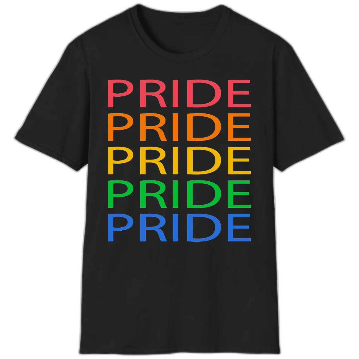 Rainbow pride repeating text design with the word PRIDE stacked five times in red, orange, yellow, green, and blue colors on gray background in Black