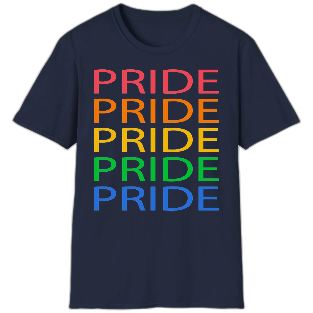 Rainbow pride repeating text design with the word PRIDE stacked five times in red, orange, yellow, green, and blue colors on gray background in Navy