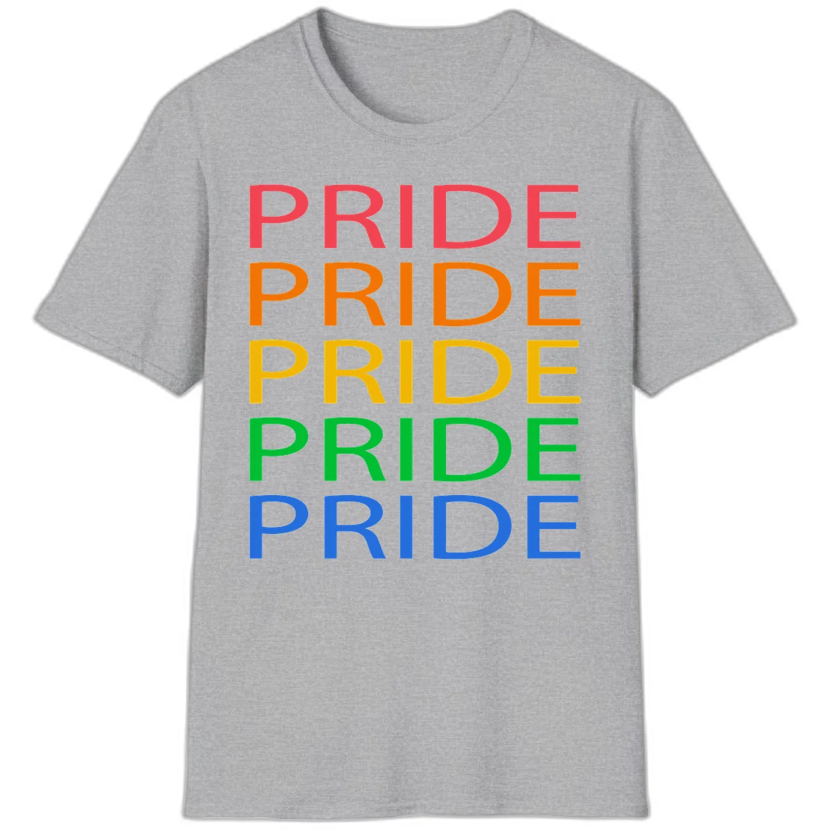 Rainbow pride repeating text design with the word PRIDE stacked five times in red, orange, yellow, green, and blue colors on gray background in Sport Grey