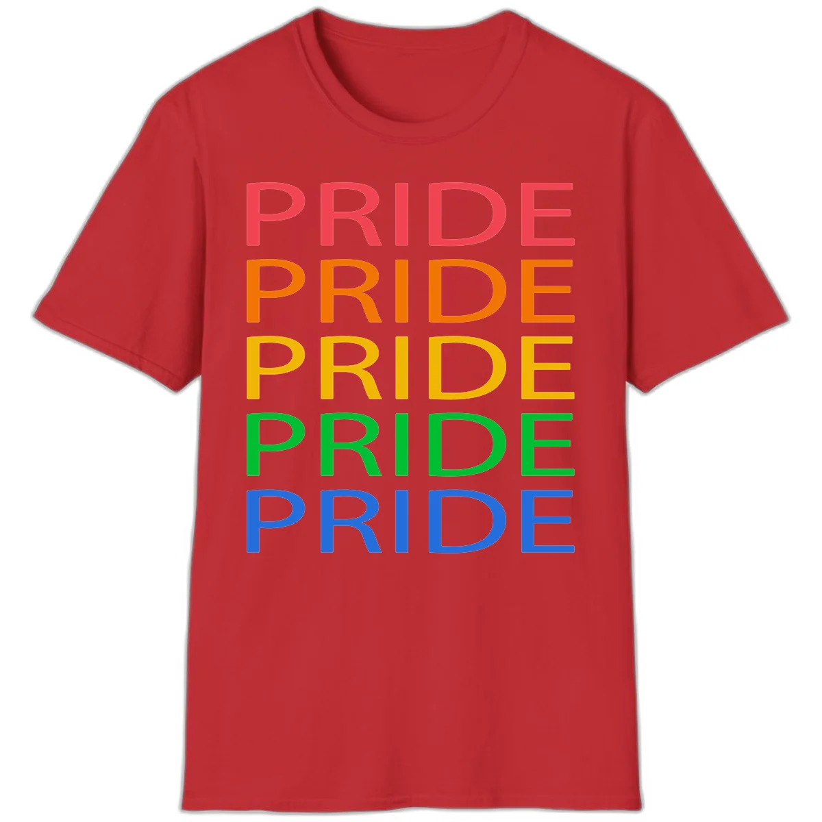 Rainbow pride repeating text design with the word PRIDE stacked five times in red, orange, yellow, green, and blue colors on gray background in Red